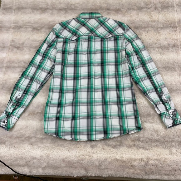 BKE Tailored Fit Mens Small Green Plaid Western Button Down Shirt Long Sleeve - Picture 9 of 10